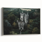 Framed canvas artwork showcasing a picturesque landscape with a majestic castle, presented in an elegant silver frame, ideal for home decor or art collectors.