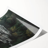 Rolled print showcasing a detailed landscape of a majestic castle surrounded by lush greenery, elegantly packaged in a protective cardboard tube for safe delivery.