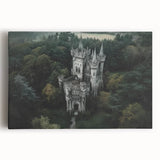 Stretched canvas artwork depicting a vibrant landscape with a majestic castle set against a blue sky and lush greenery, ideal for home decor or art collectors.
