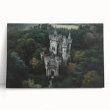 Stretched canvas artwork depicting a picturesque landscape with a majestic castle surrounded by lush greenery and a serene sky, ideal for home decor enthusiasts.
