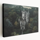 Stretched canvas artwork showcasing a serene landscape with a majestic castle nestled among lush greenery, perfect for home decor and art enthusiasts.