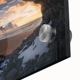 Close-up of an acrylic glass artwork depicting vibrant landscapes and intricate cave formations, showcasing rich colors and textures that enhance its depth and visual appeal.