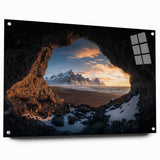Acrylic glass artwork depicting a vibrant landscape scene with intricate cave formations, showcased in a side view with decorative pins for display.