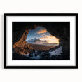 Framed landscape artwork depicting a serene cave scene with a black mat and sleek front view, ideal for modern home decor and artistic interiors.
