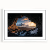 Framed landscape artwork featuring a serene cave scene with soft colors and white matting, perfect for home decor in living spaces or offices.