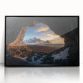 Framed acrylic landscape art showcasing a serene cave scene, presented in a sleek black frame, perfect for modern home decor and enhancing interior spaces.