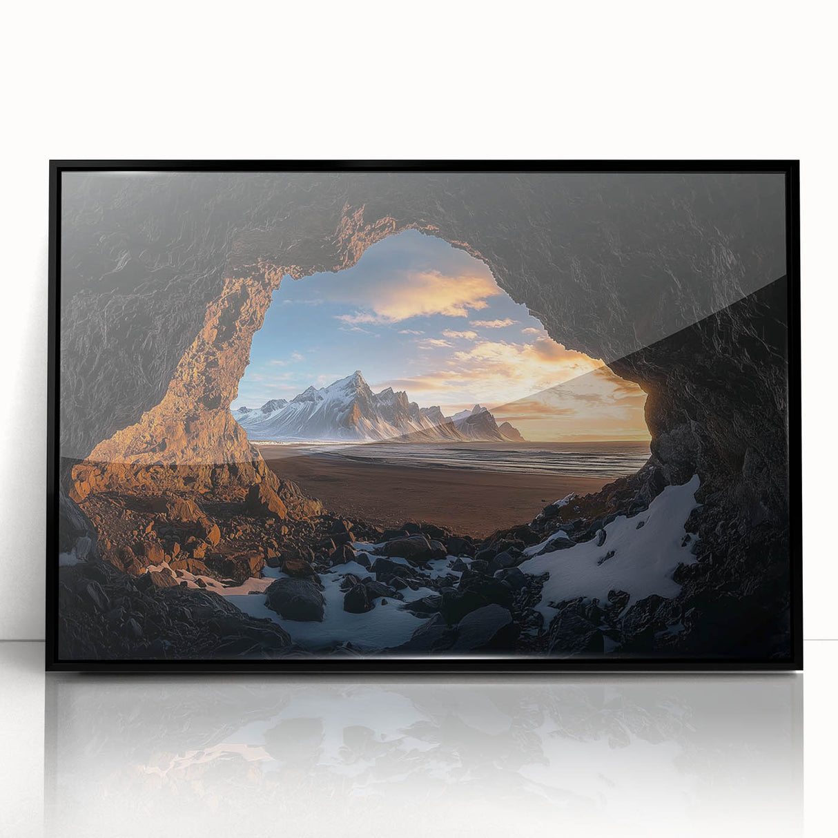 Framed acrylic landscape art showcasing a serene cave scene, presented in a sleek black frame, perfect for modern home decor and enhancing interior spaces.