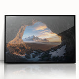 Framed acrylic landscape art showcasing a serene cave scene, presented in a sleek black frame, perfect for modern home decor and enhancing interior spaces.