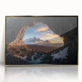 Framed acrylic artwork depicting a stunning landscape scene with intricate cave formations, featuring a luxurious gold frame, ideal for modern home decor.
