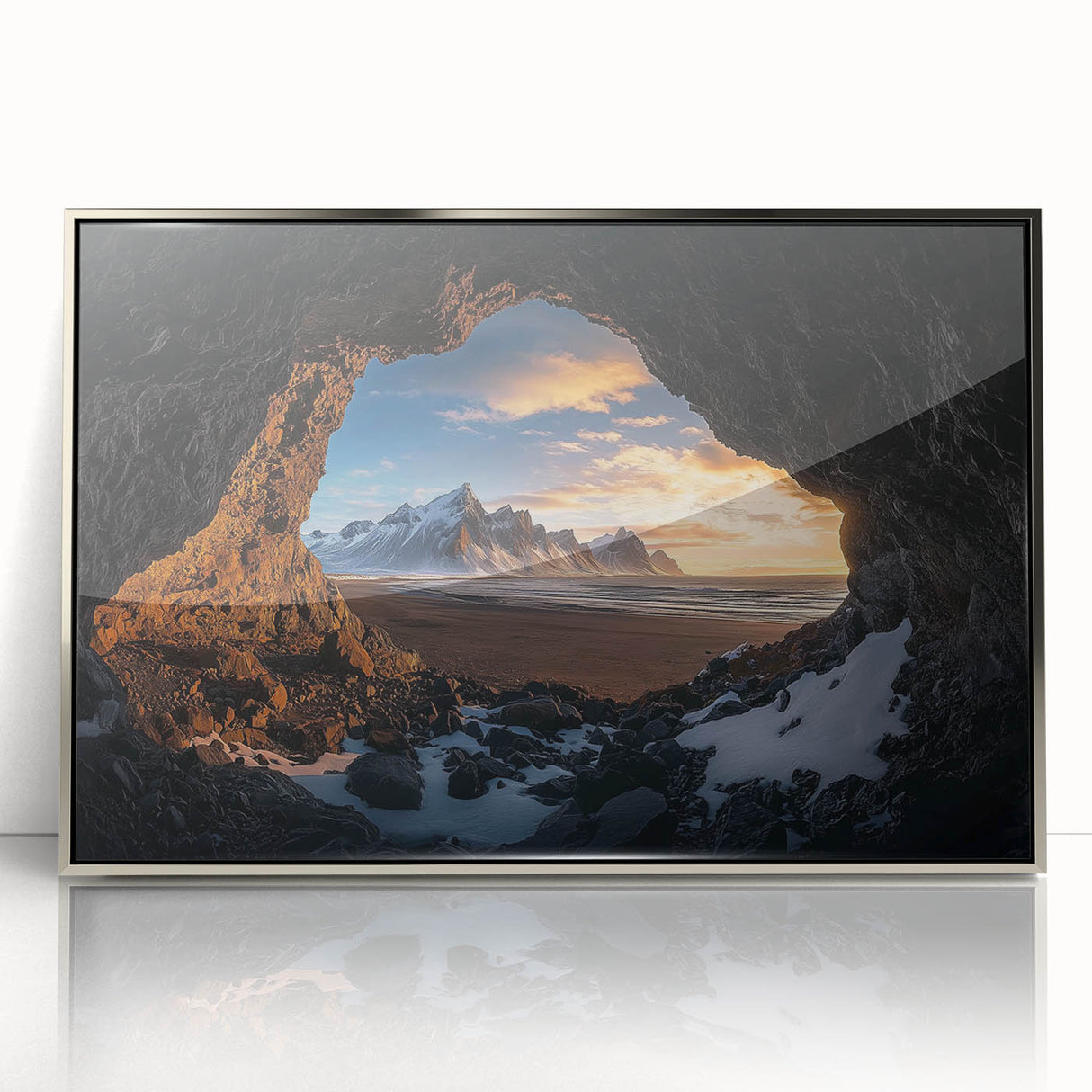 Framed acrylic artwork of a stunning cave landscape, showcasing rich earth tones and intricate details, ideal for home decor or office spaces.