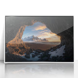 Framed acrylic artwork depicting a serene landscape with caves, featuring a white border and elegant design, perfect for home decor and modern interiors.