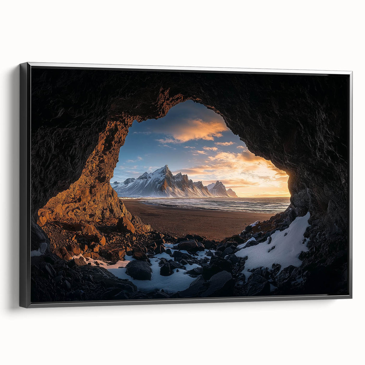 Framed canvas artwork depicting a stunning landscape with caves, presented in a sleek black frame. Ideal for enhancing modern home decor with natural scenery.