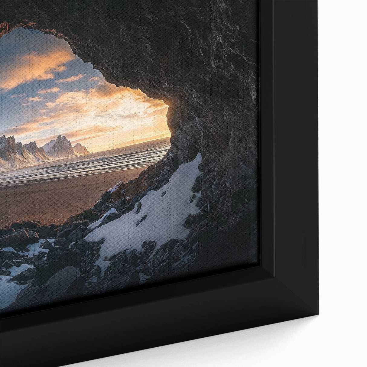 Close-up of a textured framed canvas artwork depicting a serene cave landscape, featuring earthy tones and intricate details that evoke a sense of tranquility. Ideal for enhancing home decor with nature-inspired themes.