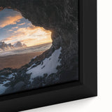 Close-up of a textured framed canvas artwork depicting a serene cave landscape, featuring earthy tones and intricate details that evoke a sense of tranquility. Ideal for enhancing home decor with nature-inspired themes.