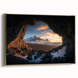 Framed canvas artwork depicting a stunning cave landscape with gold accents, showcasing intricate details and vibrant colors, perfect for home decor.