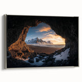 Framed canvas artwork showcasing a stunning cave landscape with detailed textures, featuring a silver frame that enhances its modern aesthetic appeal.