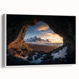Framed canvas artwork depicting a dramatic landscape with caves, showcasing earthy tones and intricate details, ideal for enhancing modern home decor.