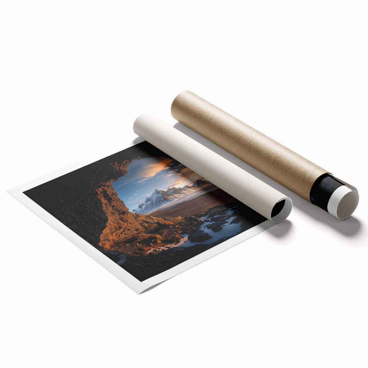 Stunning rolled print of an abstract cave landscape artwork, showcasing intricate details and vibrant colors, ideal for modern home decor or gallery displays.