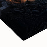 Close-up of a stretched canvas artwork depicting a vibrant landscape with intricate cave formations and rich colors, ideal for home decor or art enthusiasts.