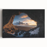 Stretched canvas artwork depicting a serene landscape with caves, featuring earthy tones and intricate details, ideal for enhancing home decor and adding a natural ambiance.