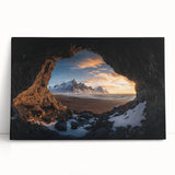 Stretched canvas artwork showcasing a stunning landscape with intricate cave formations, featuring earthy tones and textures, perfect for home decor.