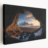 Stretched canvas artwork depicting a vibrant landscape scene with intricate cave formations, showcasing rich colors and textures, ideal for modern home decor.