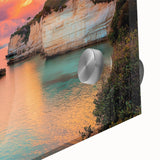 Close-up view of vibrant acrylic glass artwork depicting dramatic cliffs and landscapes, showcasing intricate details and vivid colors, ideal for modern decor.