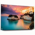 Acrylic wall art depicting a vibrant landscape with cliffs and ocean waves, showcased in a side view, secured with pins for display. Ideal for modern decor.
