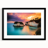 Framed landscape art print showcasing dramatic cliffs in vivid colors, set in a sleek black frame with a white mat, ideal for modern home decor.