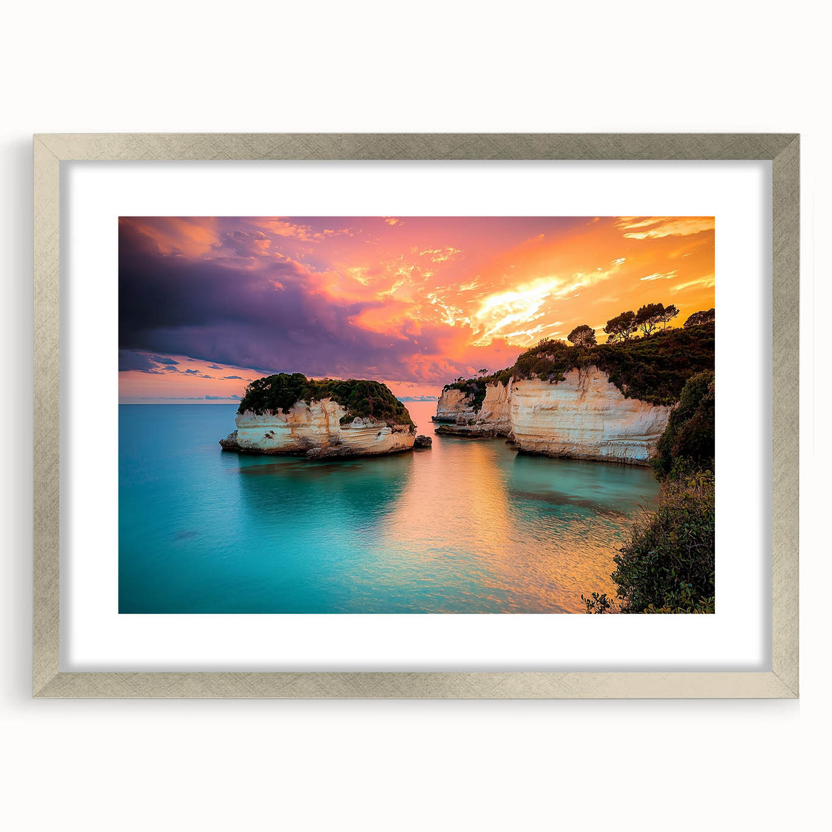Framed landscape artwork showcasing dramatic cliffs in a serene setting, elegantly matted with a silver frame, ideal for enhancing modern home decor aesthetics.