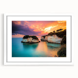 Framed landscape artwork showcasing a dramatic cliff scene with vibrant colors, set in a white mat for an elegant presentation, ideal for home decor.