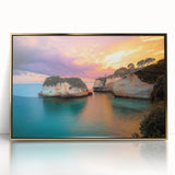 Framed acrylic artwork showcasing a stunning landscape of cliffs with a shimmering gold border, ideal for modern home decor and artistic interior designs.