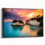 Framed canvas artwork depicting a dramatic coastal cliff landscape, showcasing vibrant colors and intricate textures, set against a sleek black frame for modern decor.