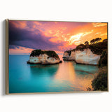 Framed canvas artwork depicting a dramatic cliff landscape with vibrant colors, accented by a luxurious gold frame, ideal for enhancing home decor aesthetics.