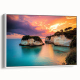 Framed canvas artwork depicting a stunning cliff landscape with vibrant colors and intricate details, displayed in a sleek white frame, ideal for modern home decor.