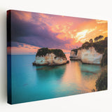 Side view of a stretched canvas depicting dramatic cliffs against a vibrant sunset, showcasing rich colors and intricate details, ideal for enhancing home decor.