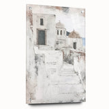 Abstract architectural wall art displayed in a sleek acrylic frame, showcasing vibrant colors and geometric patterns. The side view highlights the polished finish and unique design elements, ideal for modern home decor.