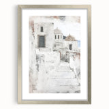 Abstract architectural wall art framed in a silver mat, showcasing geometric patterns and a modern aesthetic. Ideal for contemporary home decor.