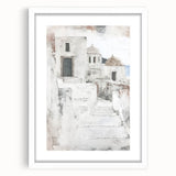Abstract architecture wall art framed with a white mat, showcasing geometric shapes and neutral colors, ideal for modern interior decor. Perfect for enhancing living spaces or offices with a contemporary touch.