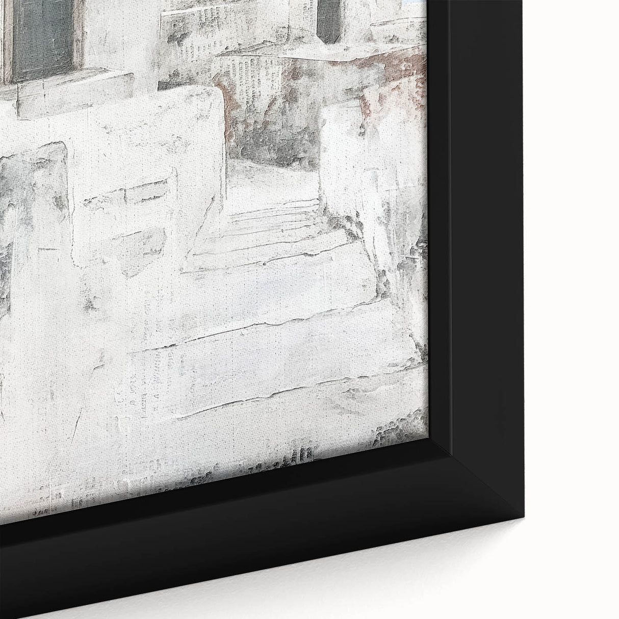 Close-up of a framed abstract architecture wall art piece showcasing intricate geometric patterns in shades of blue and gray, ideal for modern interiors.