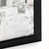 Close-up of a framed abstract architecture wall art piece showcasing intricate geometric patterns in shades of blue and gray, ideal for modern interiors.