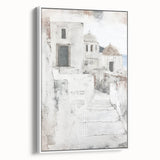 Framed abstract architecture wall art in white tones, showcasing geometric patterns and sleek lines, set against a neutral background for modern decor.