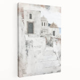 Abstract architectural wall art on a stretched canvas, showcasing geometric shapes and vivid colors, ideal for modern home decor. Side view emphasizes depth and texture.