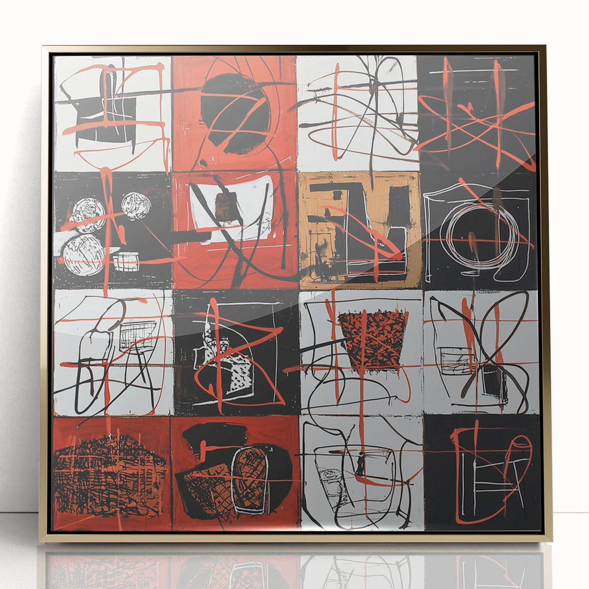 Abstract geometric framed acrylic artwork in gold hues, showcasing a modern design with sharp lines and shapes, perfect for contemporary home decor.