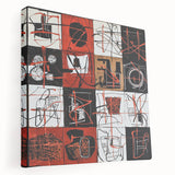 Abstract geometric canvas artwork showcasing vibrant colors and dynamic shapes, ideal for modern home decor. Side view highlights the stretched canvas texture, perfect for adding a contemporary touch to any space.