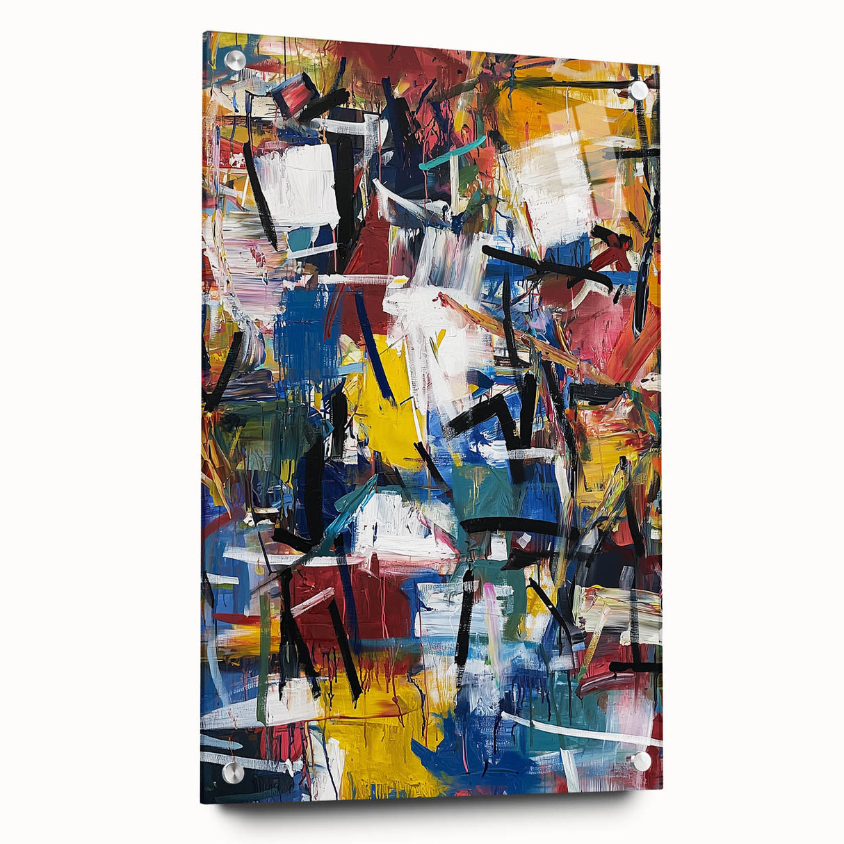 Abstract acrylic glass art piece showcasing vibrant splatters in various colors, presented from a side view, mounted with decorative pins for added texture and visual interest. This unique design enhances modern decor with its artistic flair and bold color palette.