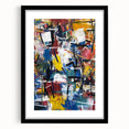 Abstract black frame showcasing a contemporary art print with colorful splatter designs, ideal for modern decor. Perfect for adding a vibrant touch to any room.