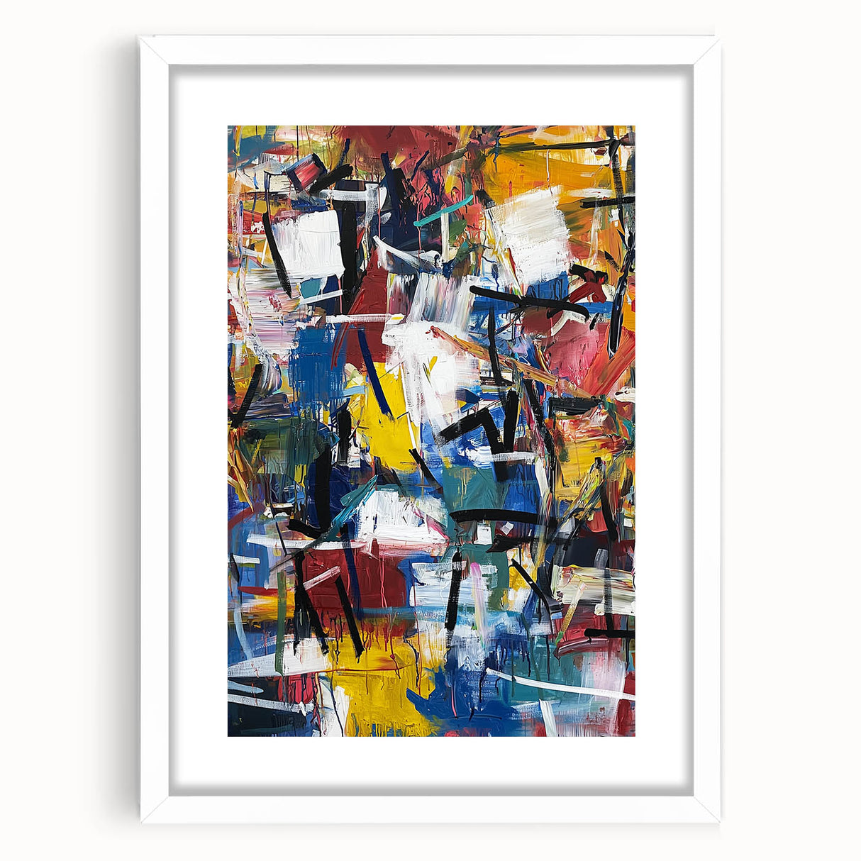 Abstract splatter art frame in white matting, featuring vibrant colors and artistic textures, perfect for modern home decor or gallery display.