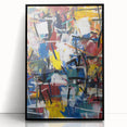 Framed acrylic artwork showcasing a vibrant abstract design with colorful splatters on a black background, perfect for modern home decor and artistic expression.