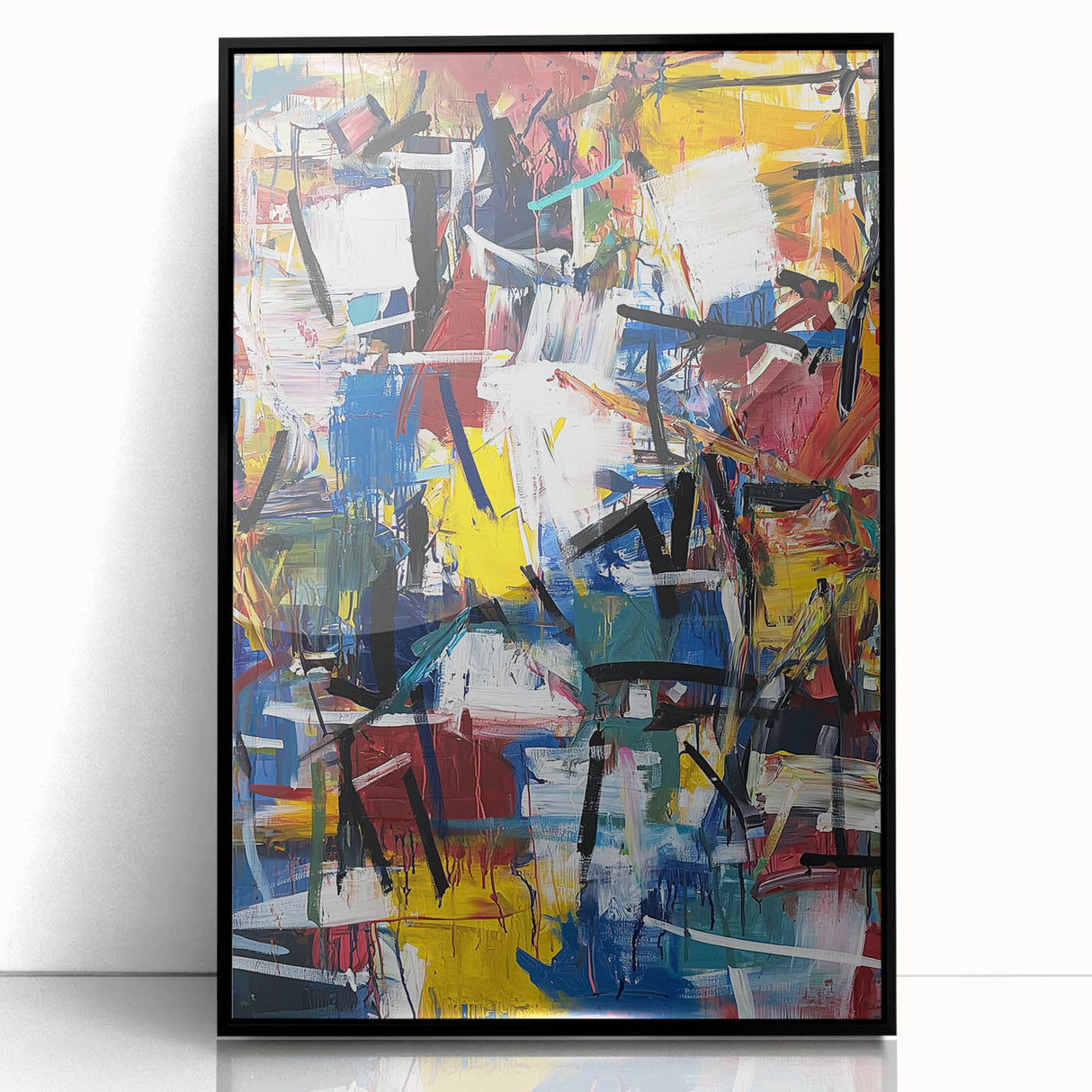 Framed acrylic artwork showcasing a vibrant abstract design with colorful splatters on a black background, perfect for modern home decor and artistic expression.